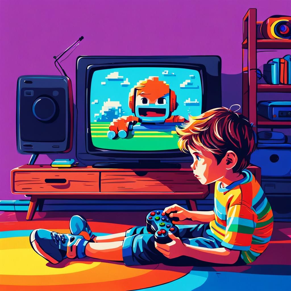 Joyful Boy Playing Video Game in Colorful Digital Sketch