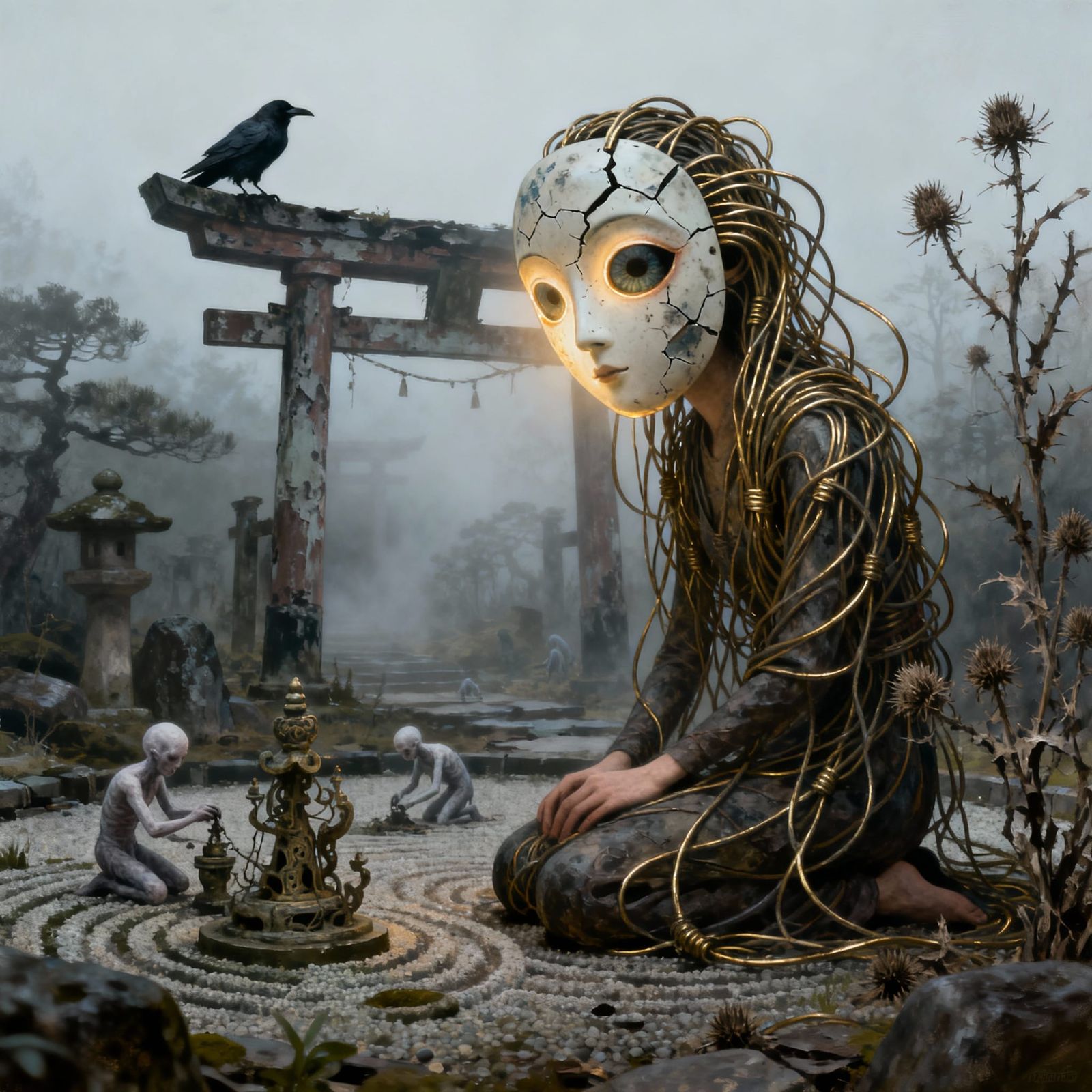 Eerie Porcelain Mask with Brass Hair and Thistles in Zen Gar...