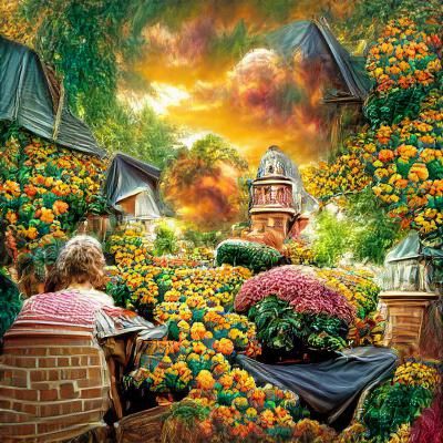 Fantasy Garden of Marigolds in Kinkade Style
