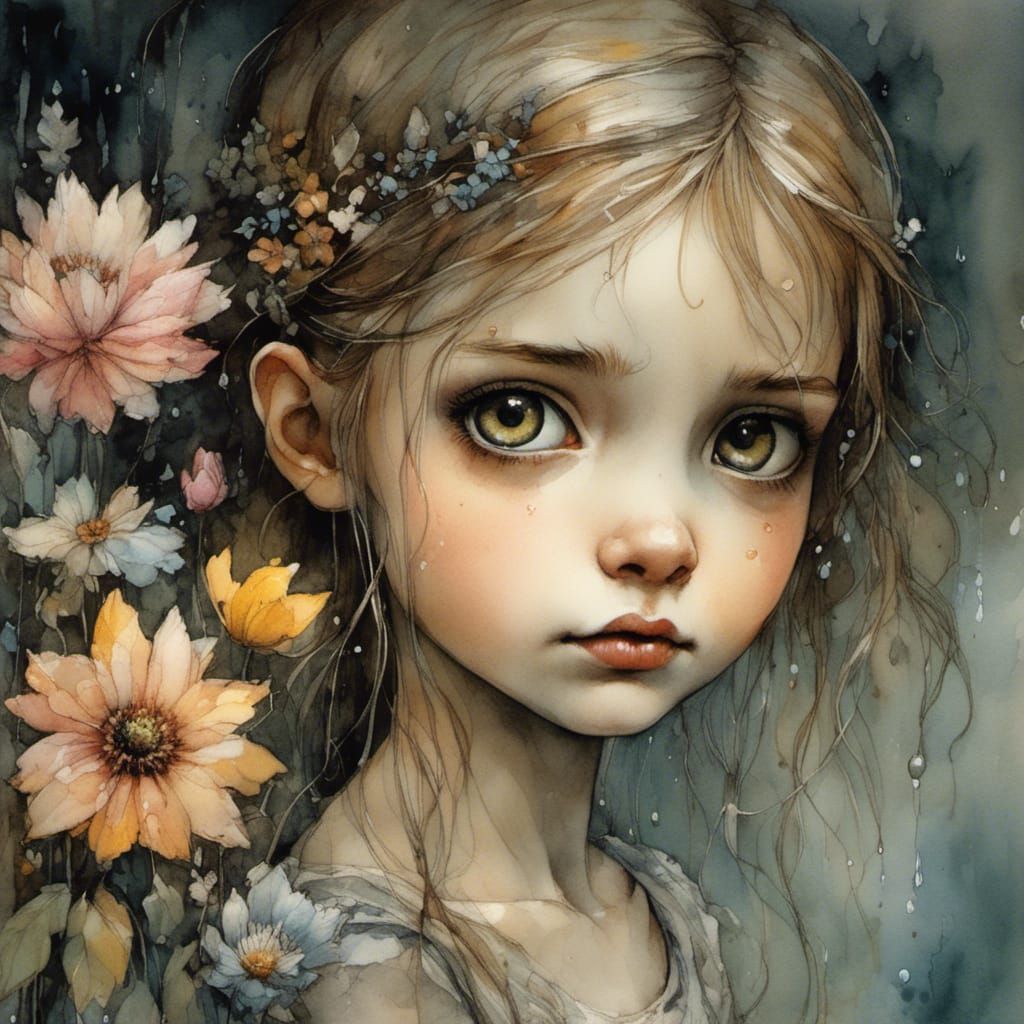 Beautiful Woman with Sparkling Eyes in Floral Landscape