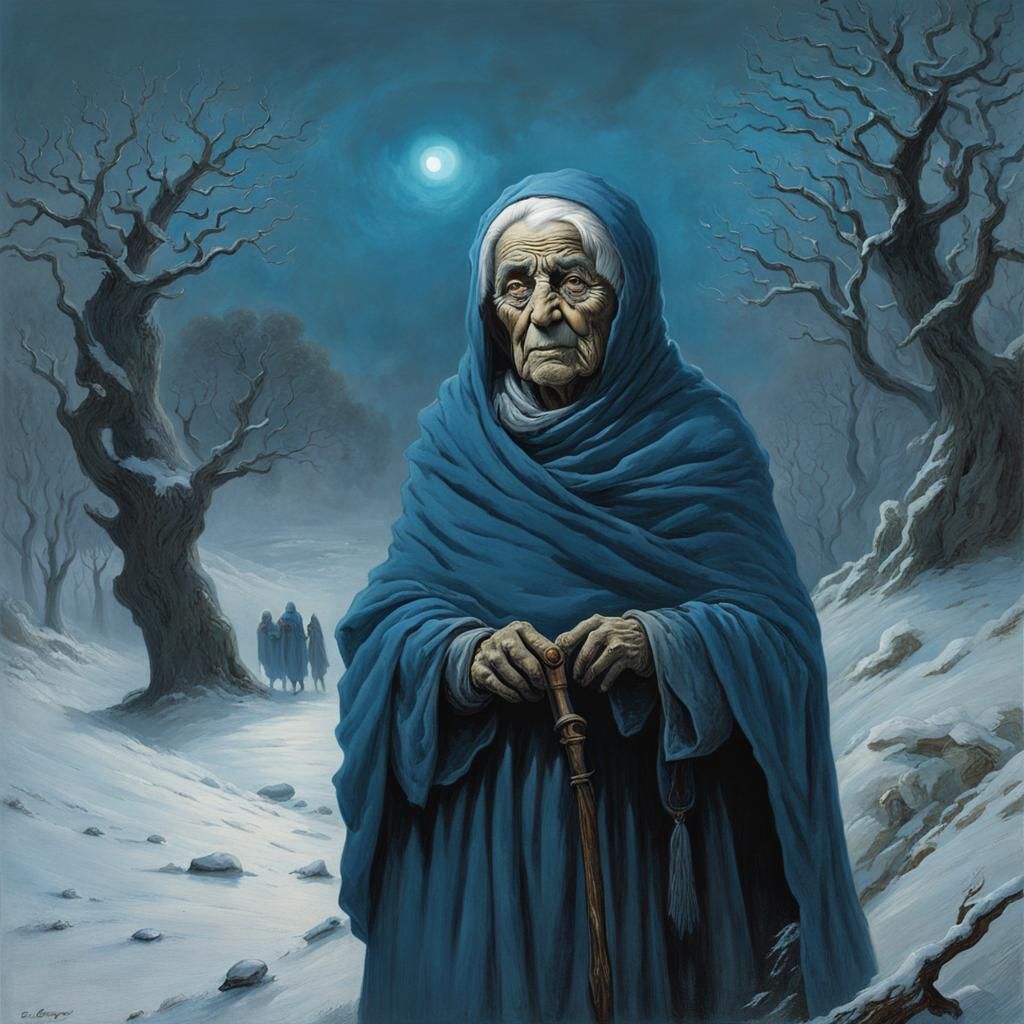 Eerie Blue-Skinned Crone in Winter Landscape