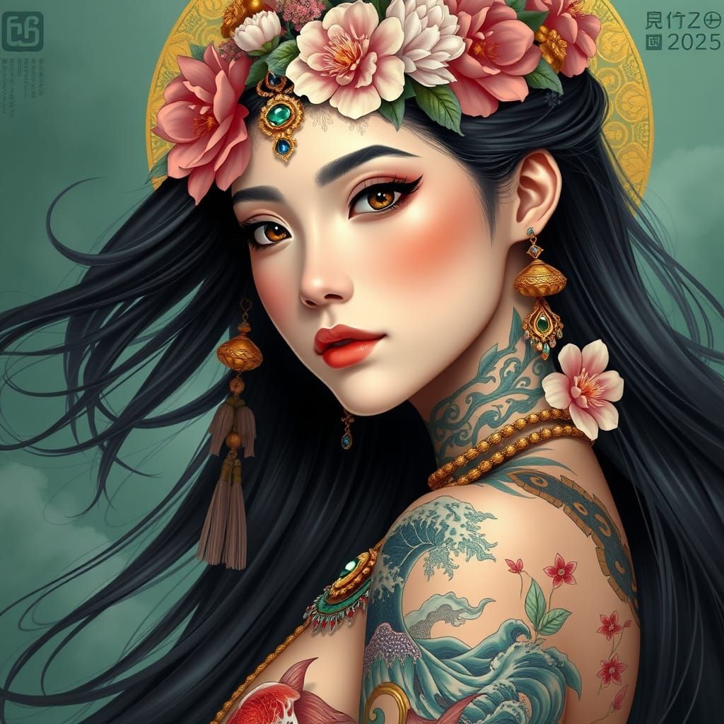 Neo-Traditional Woman with Koi Tattoos in Digital Art