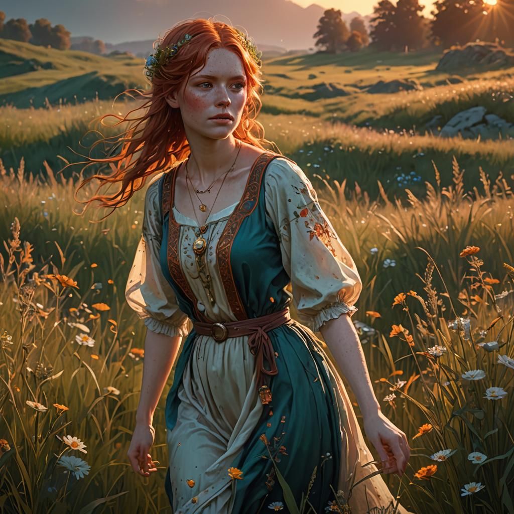 Redhead in Meadow: Art Nouveau Digital Painting