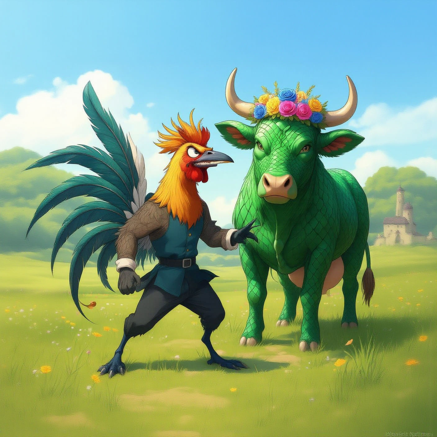 Zany Anime Rooster Confronts Dragon-Skinned Cow