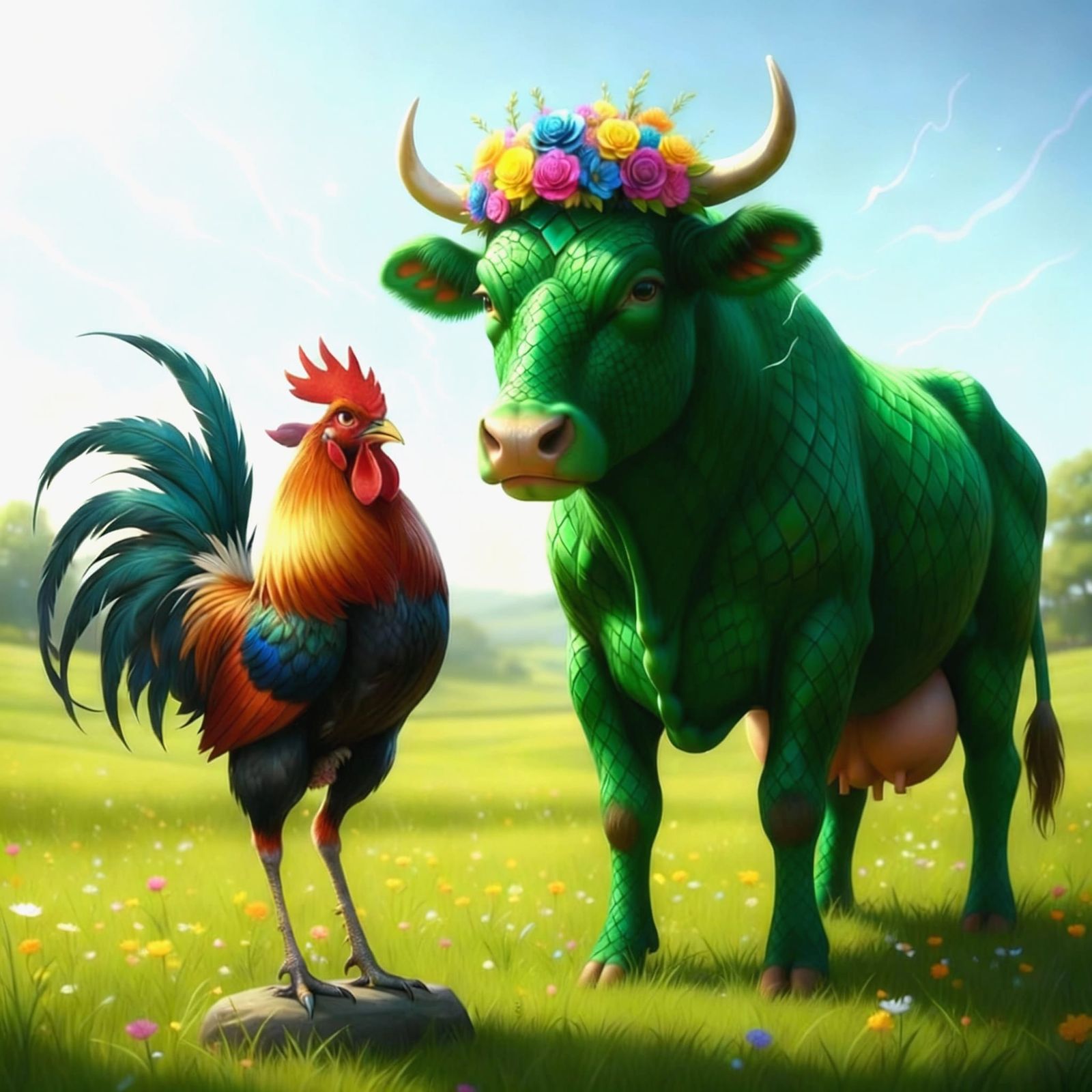 Zany Anime Rooster Confronts Dragon-Skinned Cow