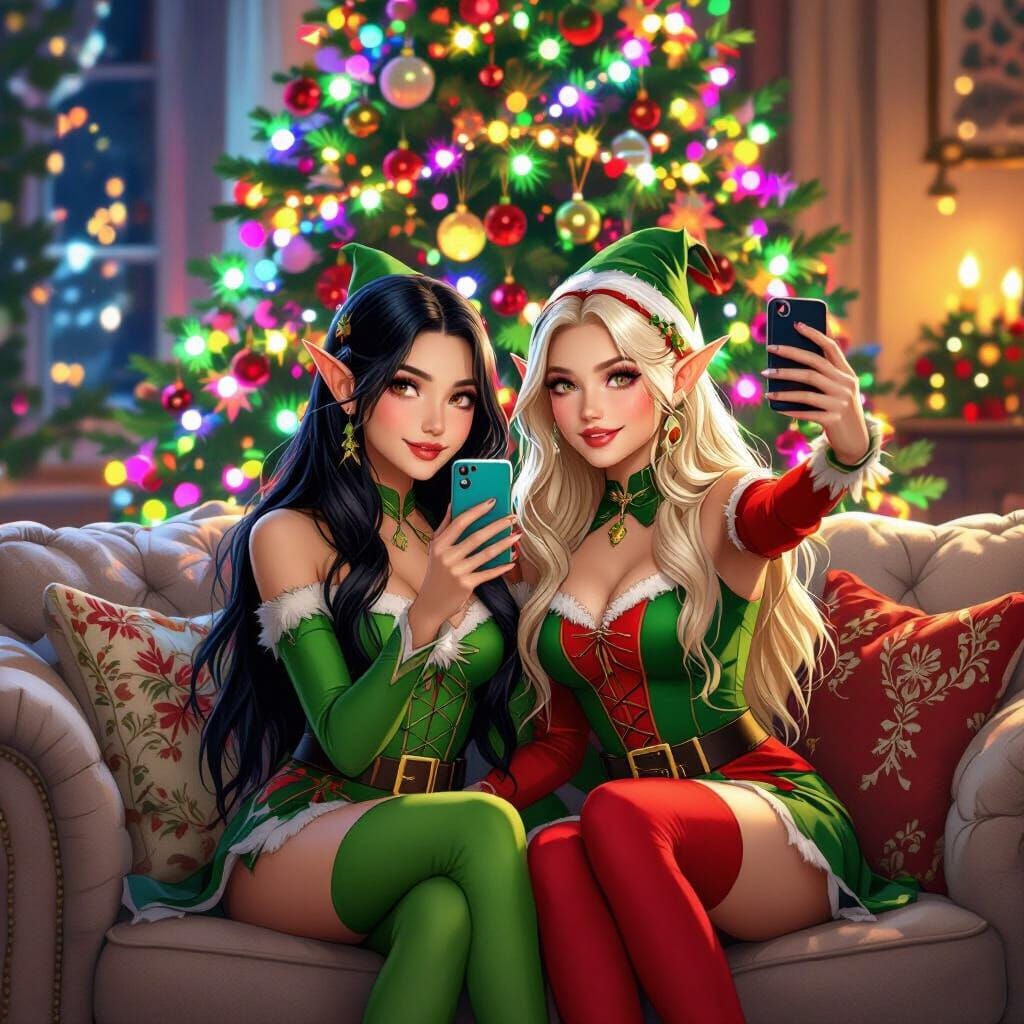 Vibrant Elves in Festive Christmas Scene