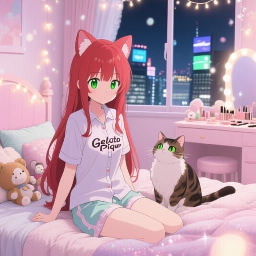 Anime Nekomimi Girl in Tokyo Bedroom, Digital Art
