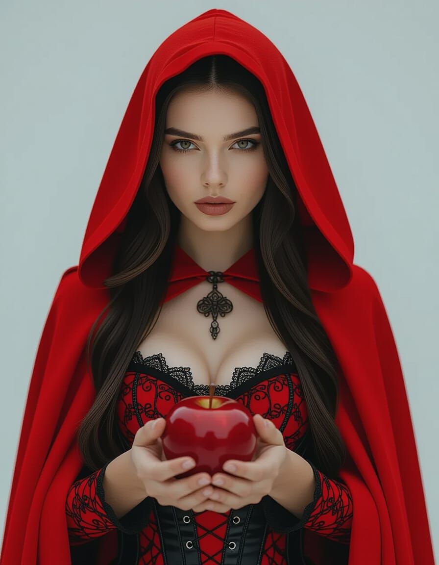 Gothic Portrait of Person in Red Cloak with Red Apple