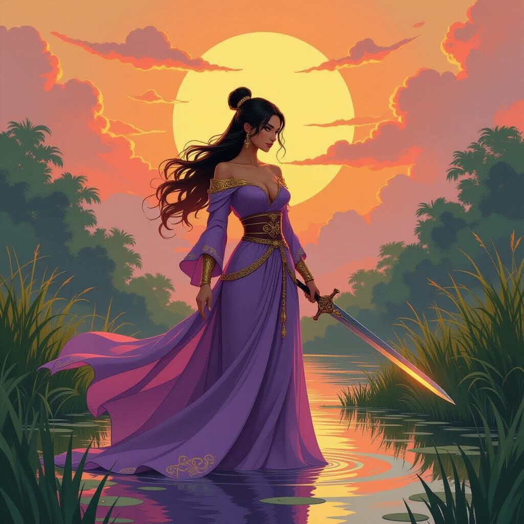 Whimsical Woman Warrior in Oasis, Painterly Style