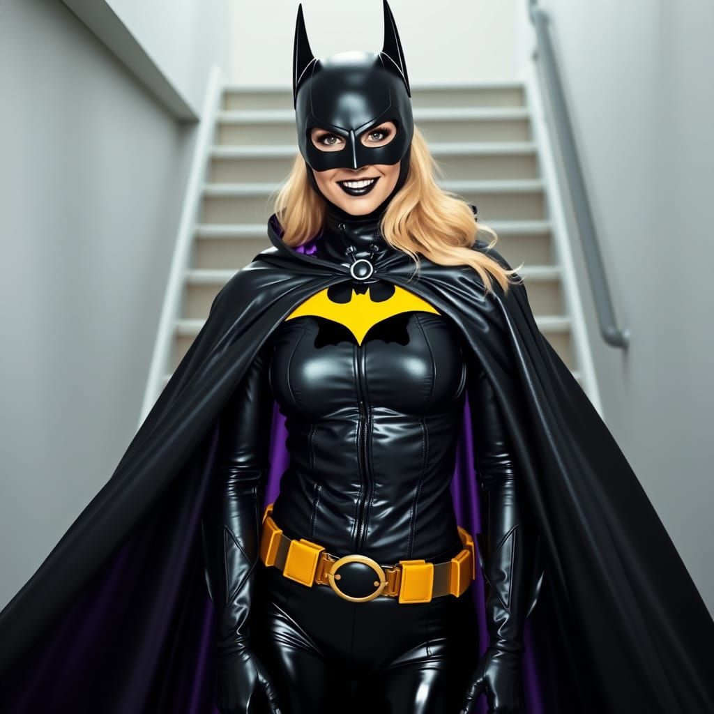 Glamorous Batgirl Unveiled in Shimmering Black Latex Cape
