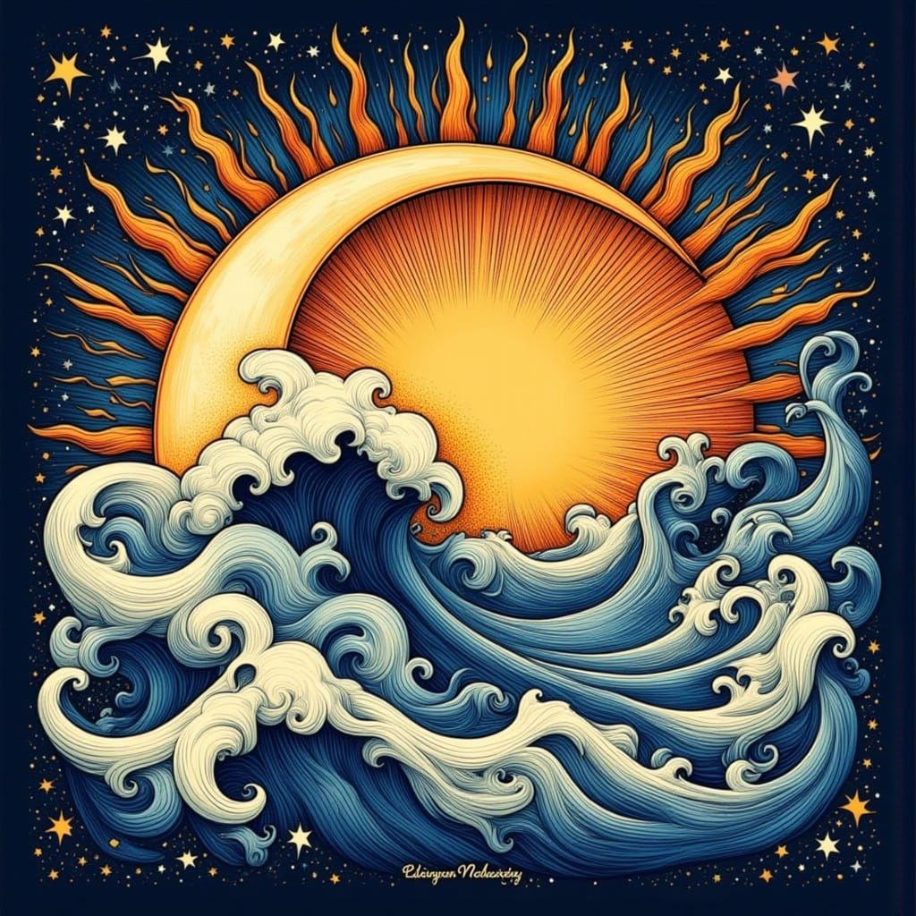 Celestial Dance: Sun and Moon in Neo-Traditional Style