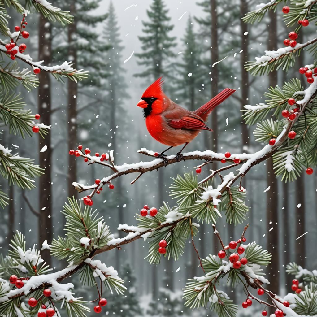 Festive Cardinal with Snowflakes and Berries