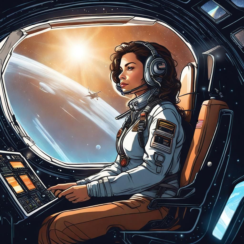 Woman Pilot Navigates Spaceship Through the Universe
