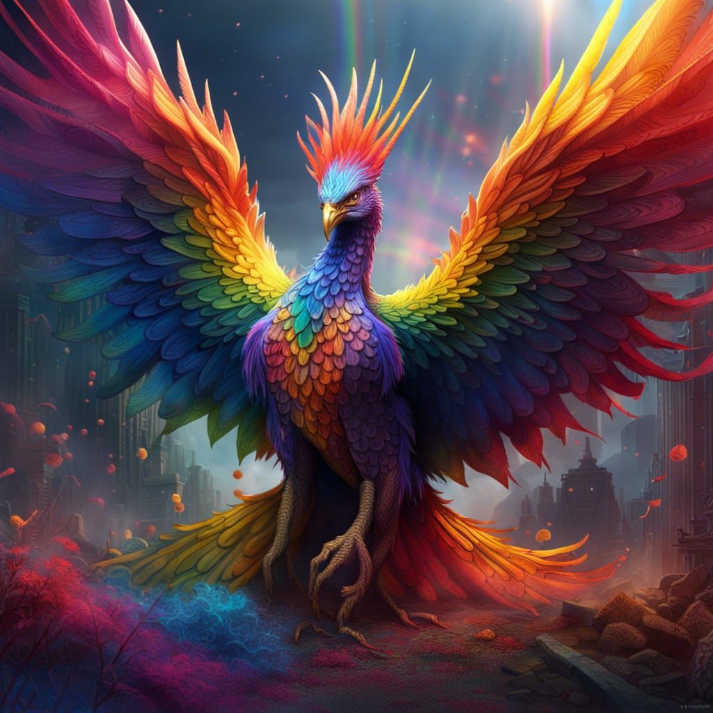 Rainbow Phoenix in Detailed Digital Painting