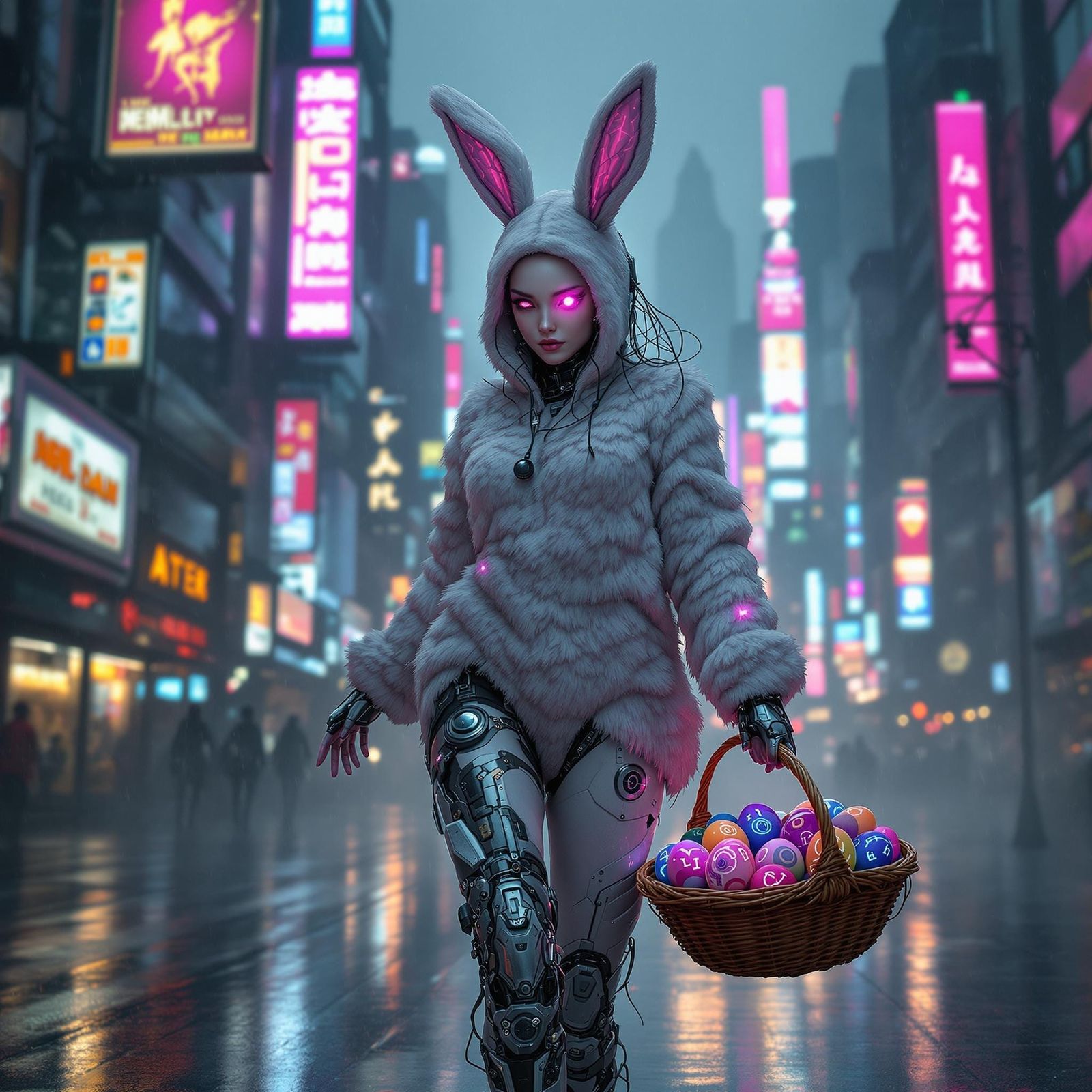 Cyborg Easter Bunny Emerges in Neon-Lit Cityscape