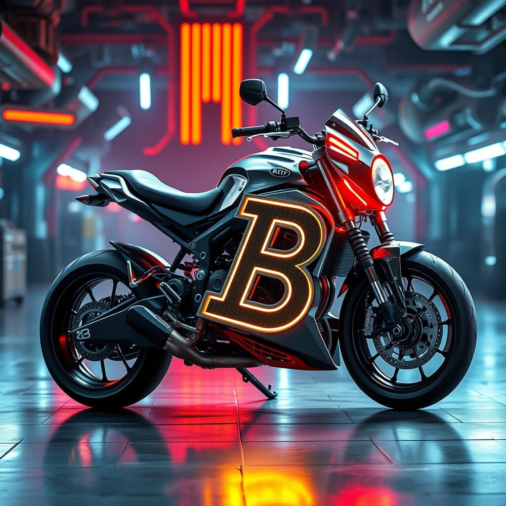 Futuristic Motorcycle with Metallic B Core Frame in Cyberpun...