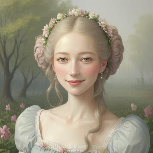 Lady in Blooming Garden, Rococo Pastel Painting