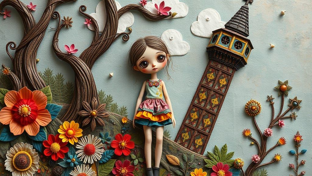 Whimsical Ragdoll Girl in Vibrant 3D Paper Patchwork Style