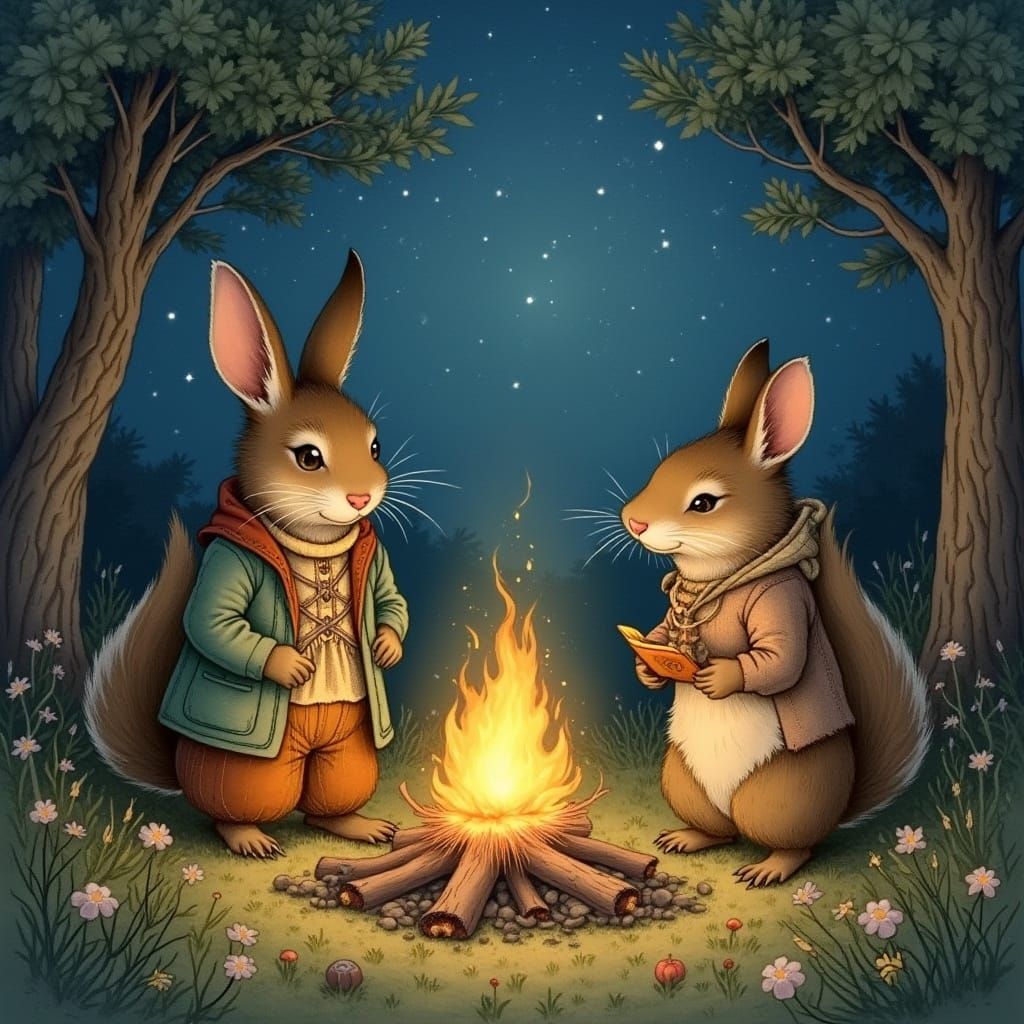 Whimsical Woodland Creatures Bonfire under Starry Sky