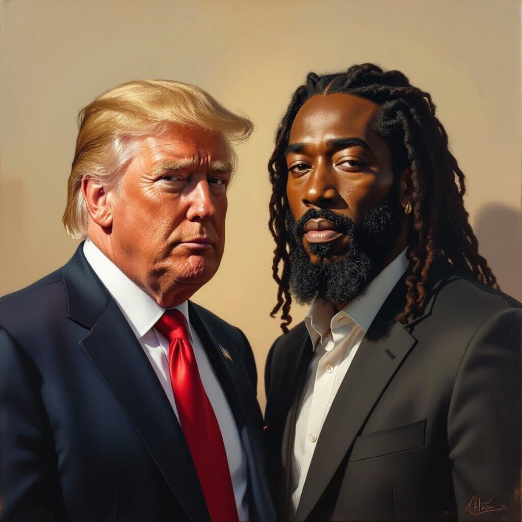 Hyperrealistic Portrait of Trump and Buju Banton