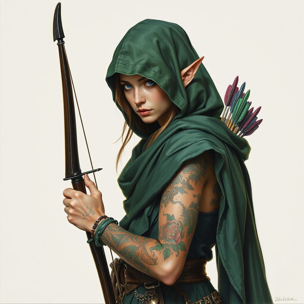 Elven Assassin with Intricate Tattoos in Vibrant Painting