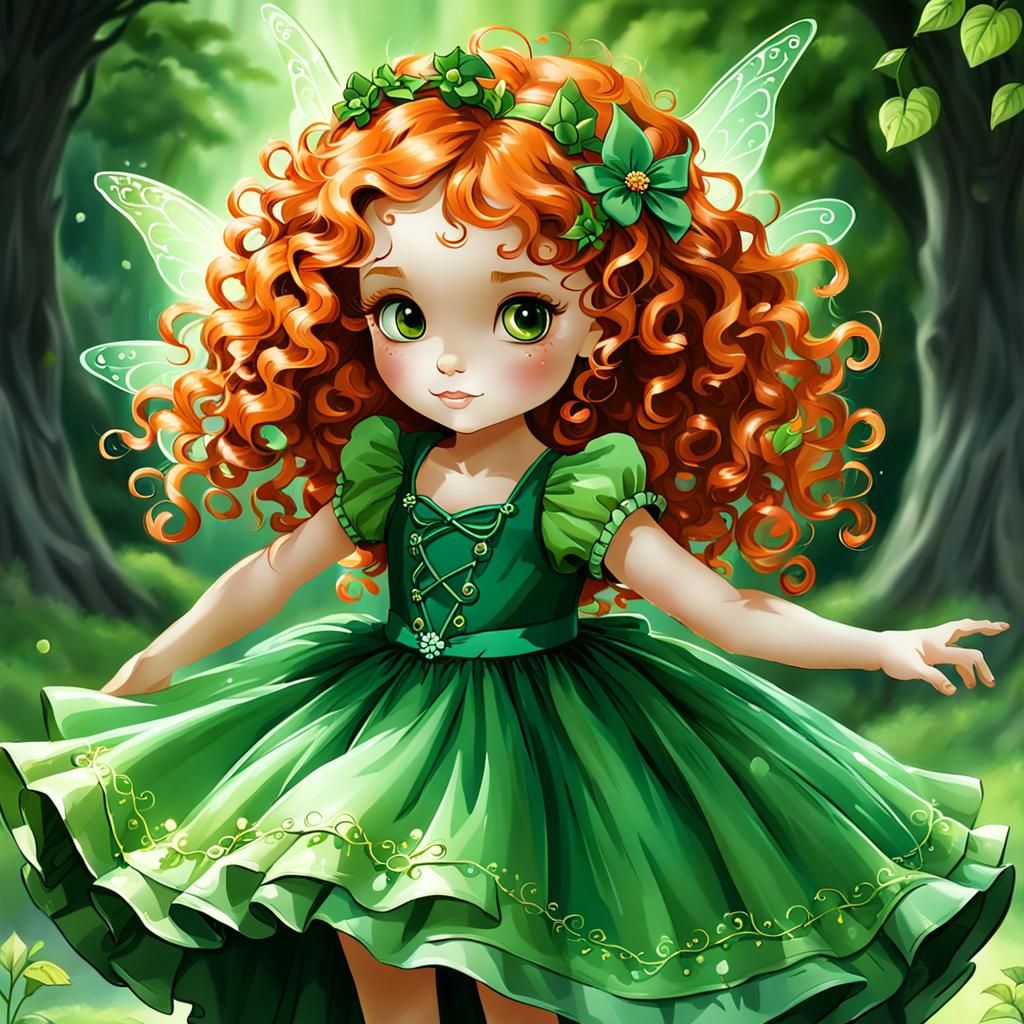 Fairy Girl with Orange Hair in Green Dress