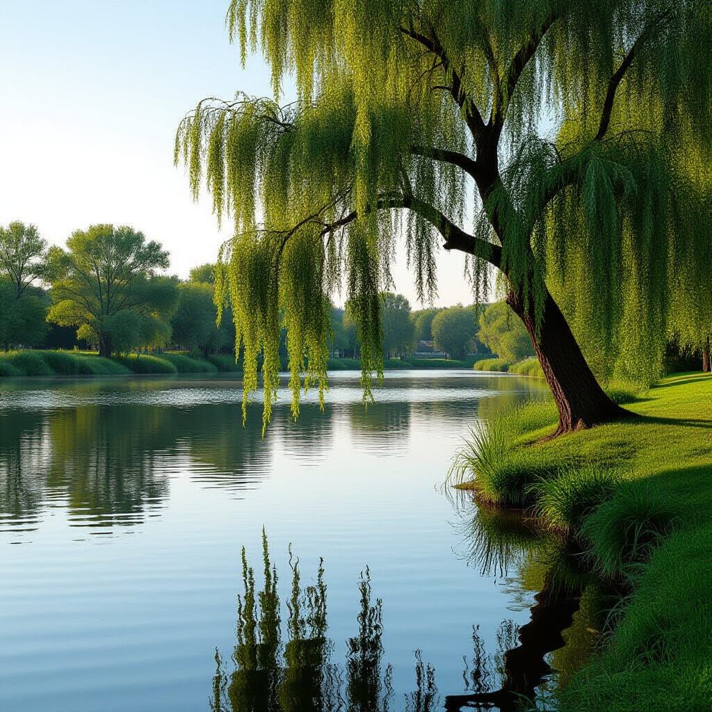 Weeping Willow Reflecting on River in Impressionist Style