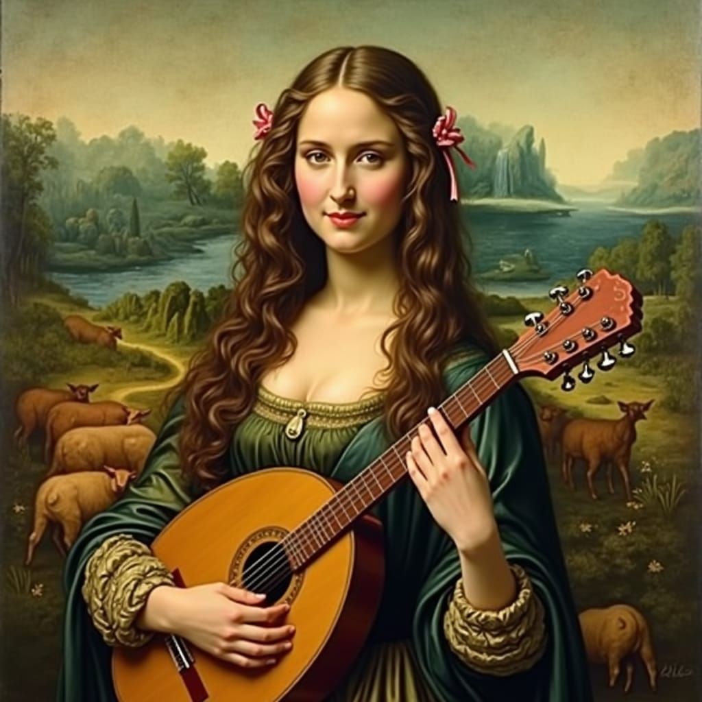 Regal Woman Plays Mandolin in Renaissance Style