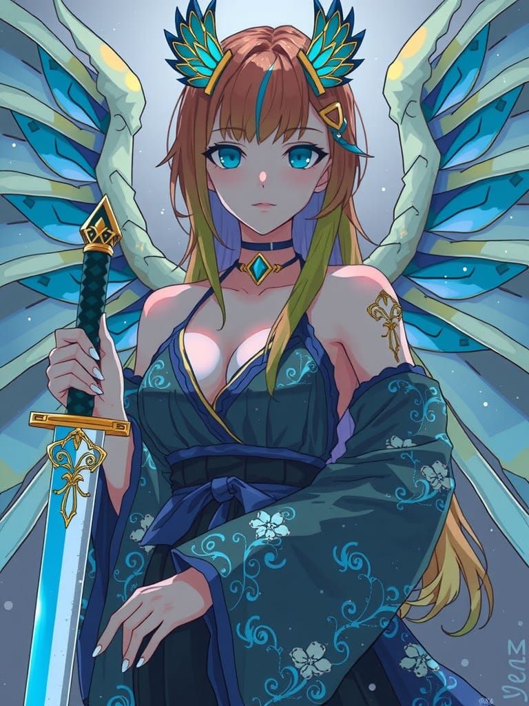 Anime Woman with Dragon Wings in Cel-Shaded Style