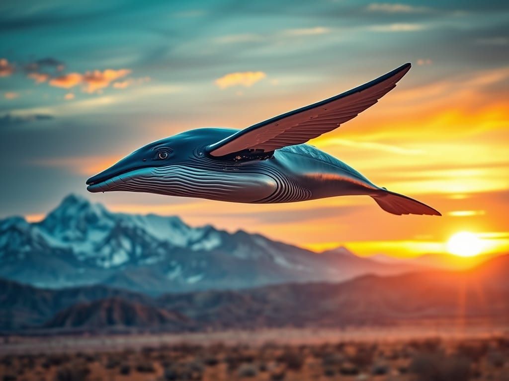Winged Blue Whale Soars Over Desert Sunset