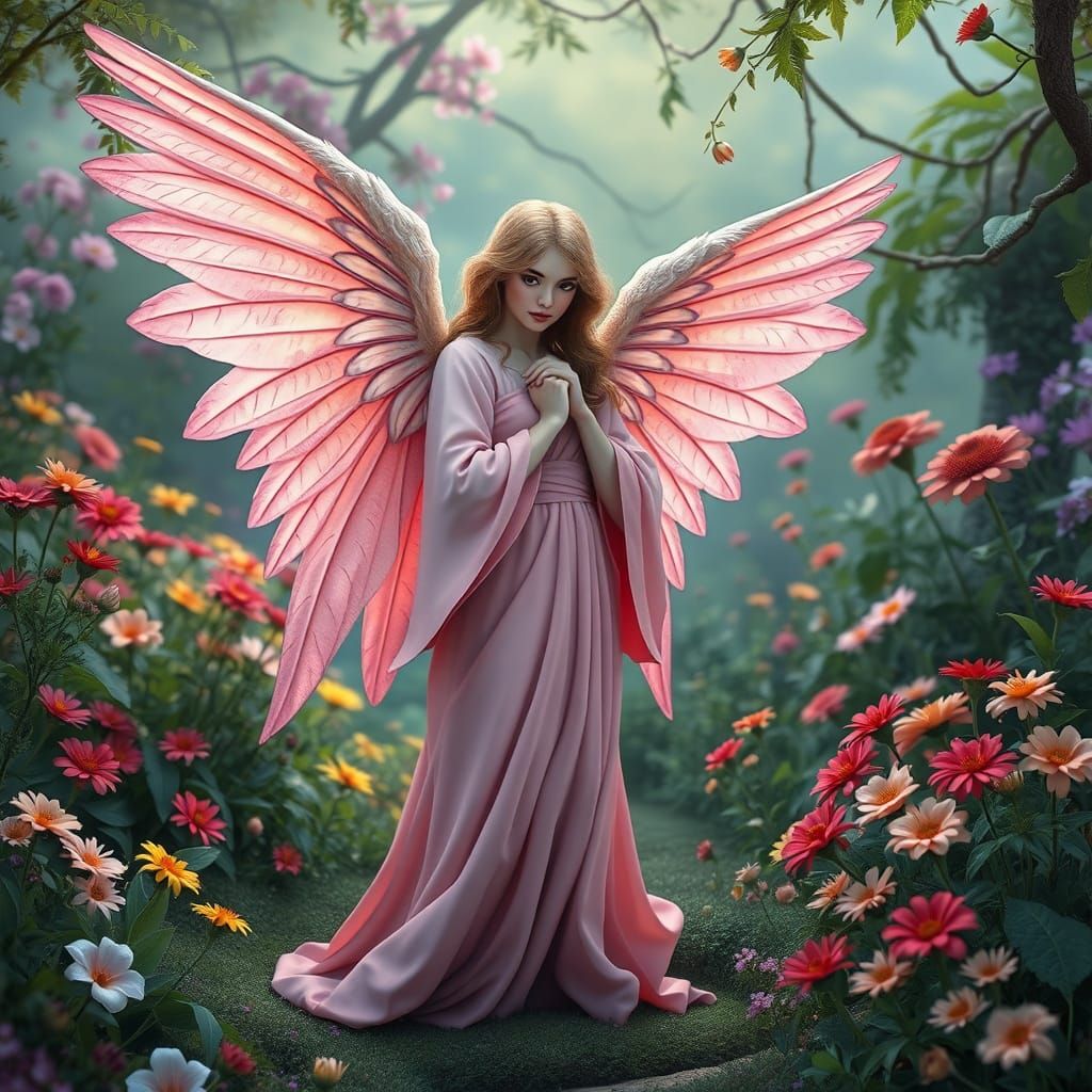 Angel in Enchanting Garden, Whimsical Fantasy Art