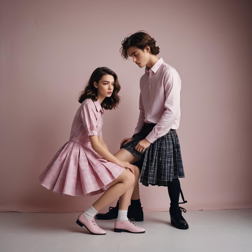 Girl Looks Under Boy's Skirt: Minimalist Fashion Photography