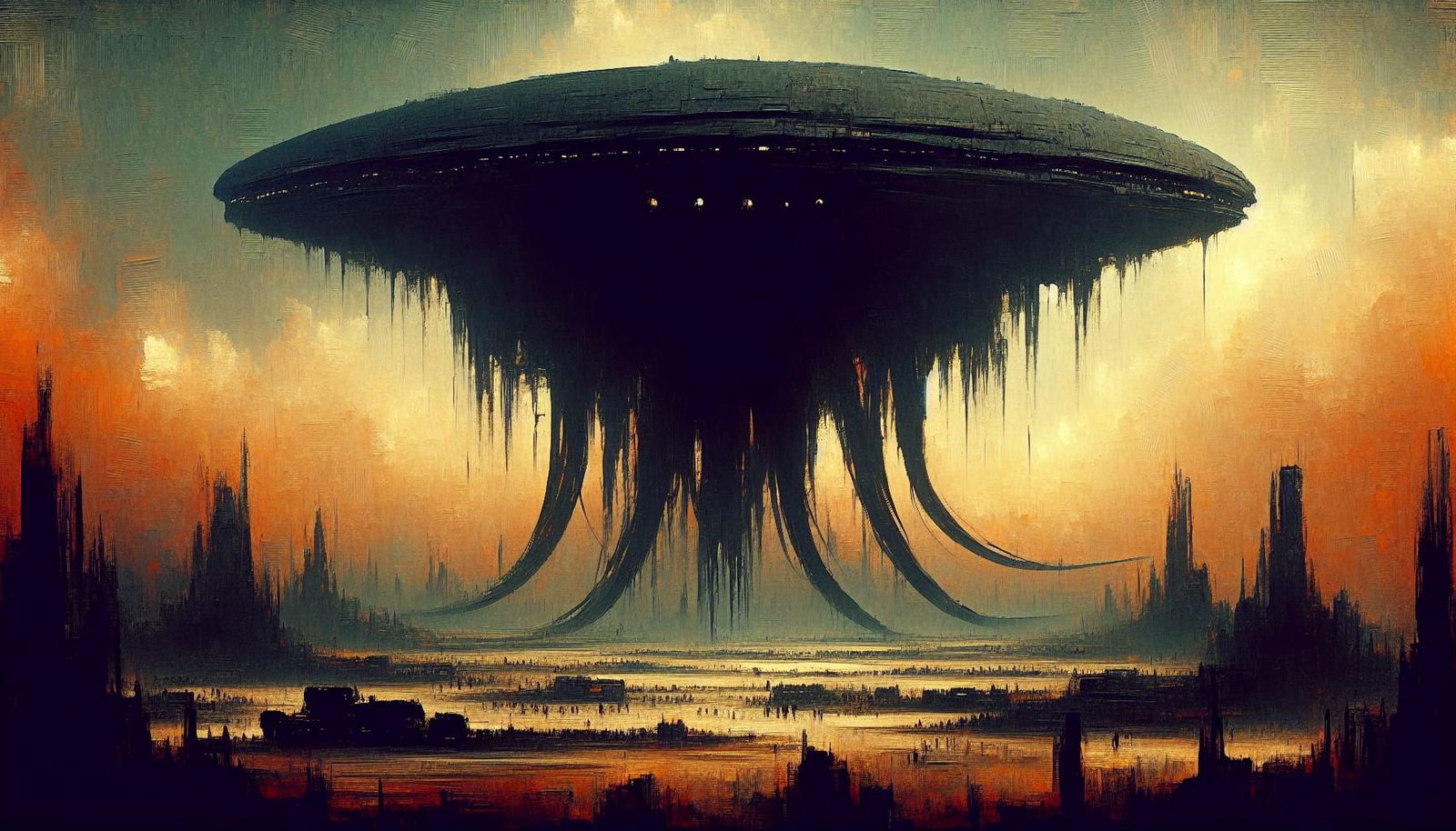 Alien Mothership Silhouette on Desolated Battlefield