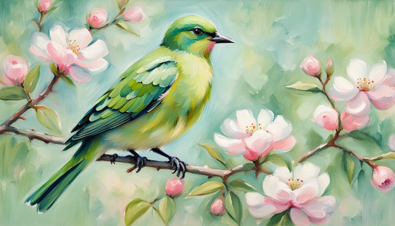 Impressionist Green Bird with Pink Blossoms