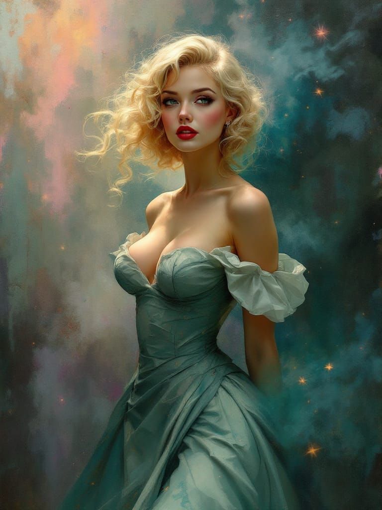Blond Pin-Up Woman with Stars in Hair
