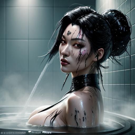 Cyberpunk Japanese Woman Taking a Bath