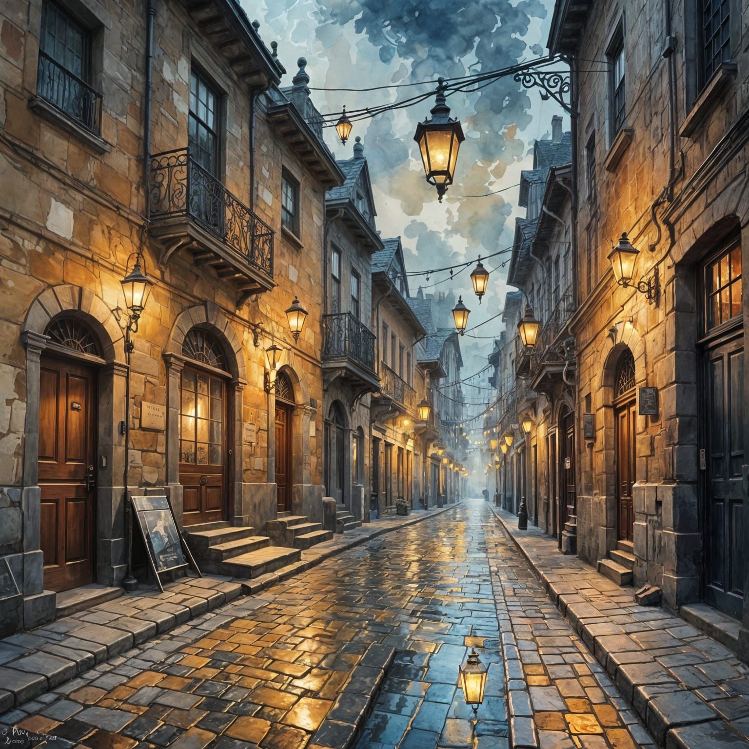 1885 Street Pathway with Floating Lamps in Splash Art