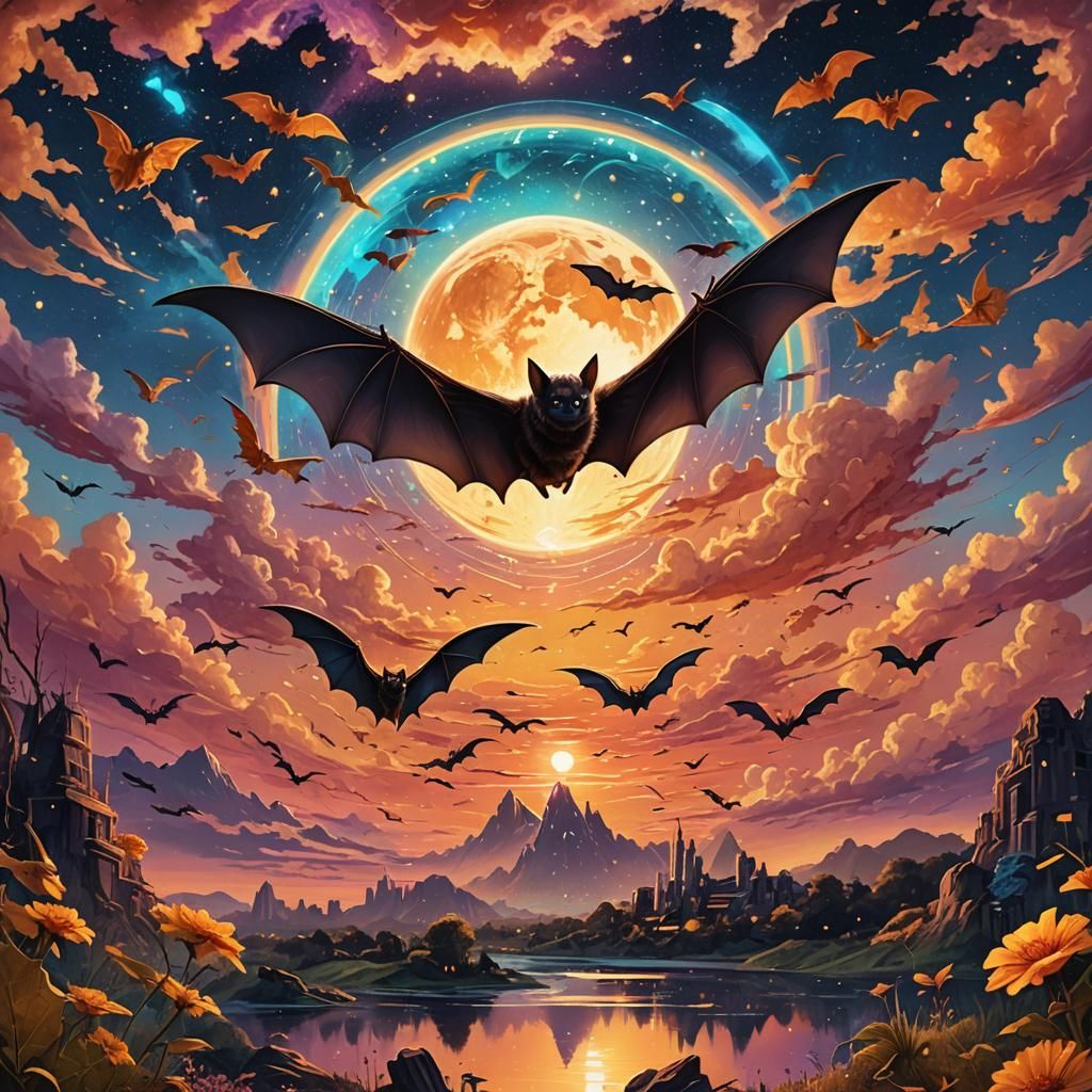 Bat Silhouetted Against a Sunset in Astral Illustration