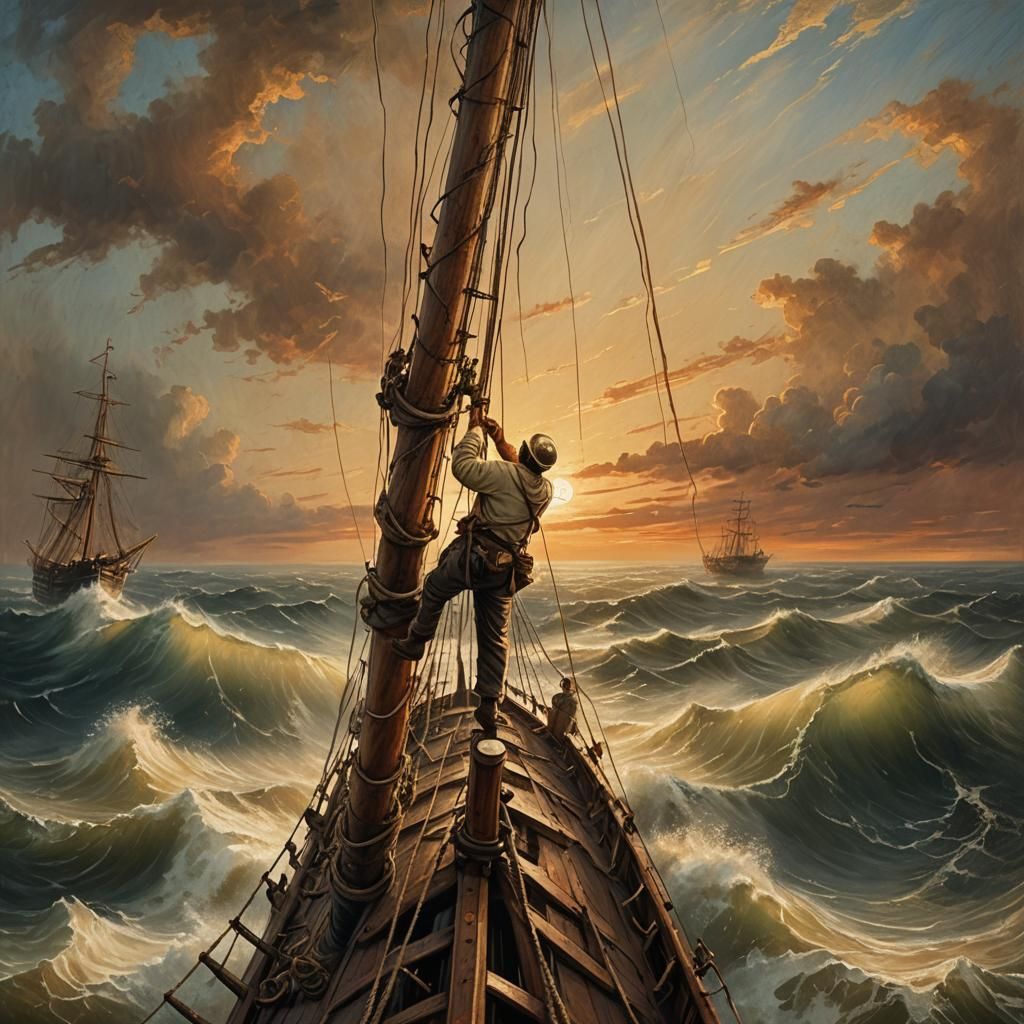 Dramatic Maritime Scene: Man on Ship's Mast