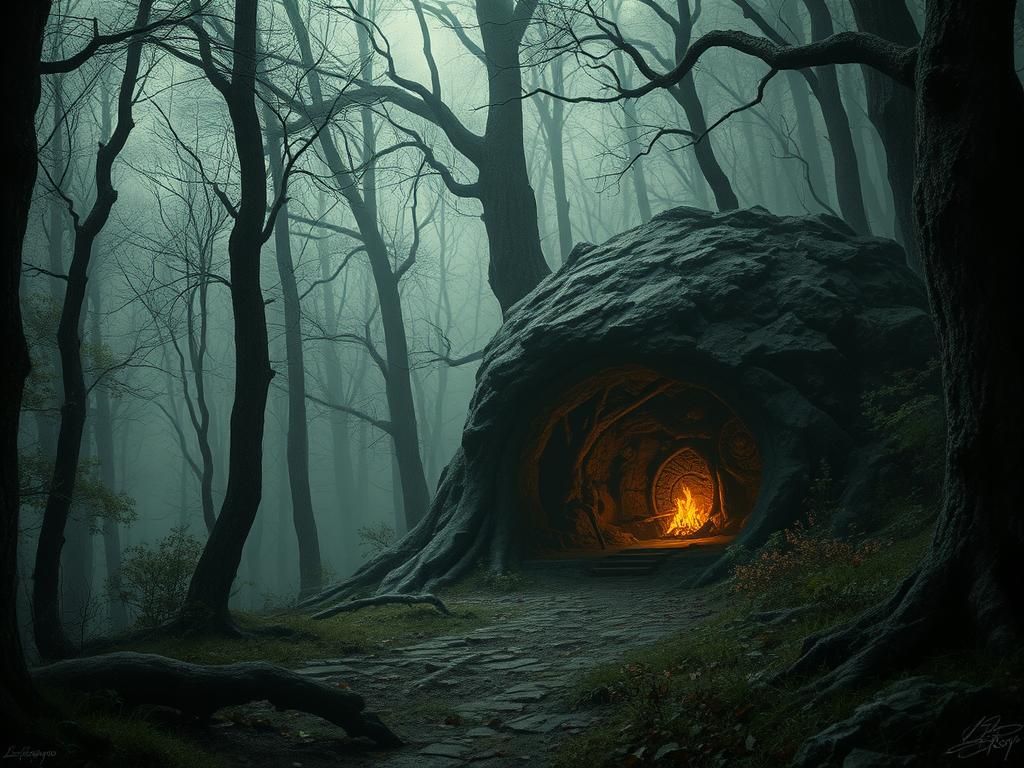 Eerie Monster Den in Forest, Luis Royo Style