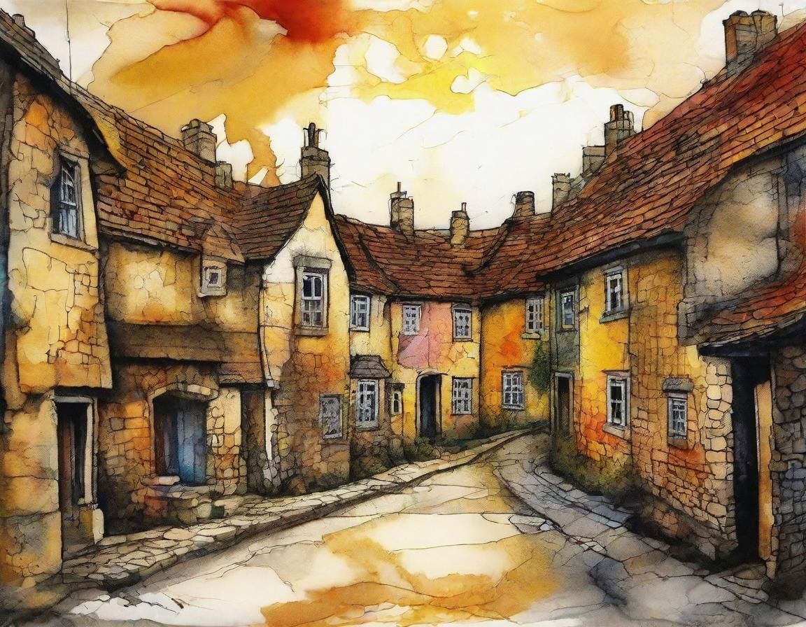 Colorful Abstract Old English Village Art