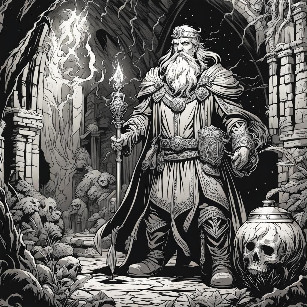 Fantasy Healer Battling Undead in Line Art