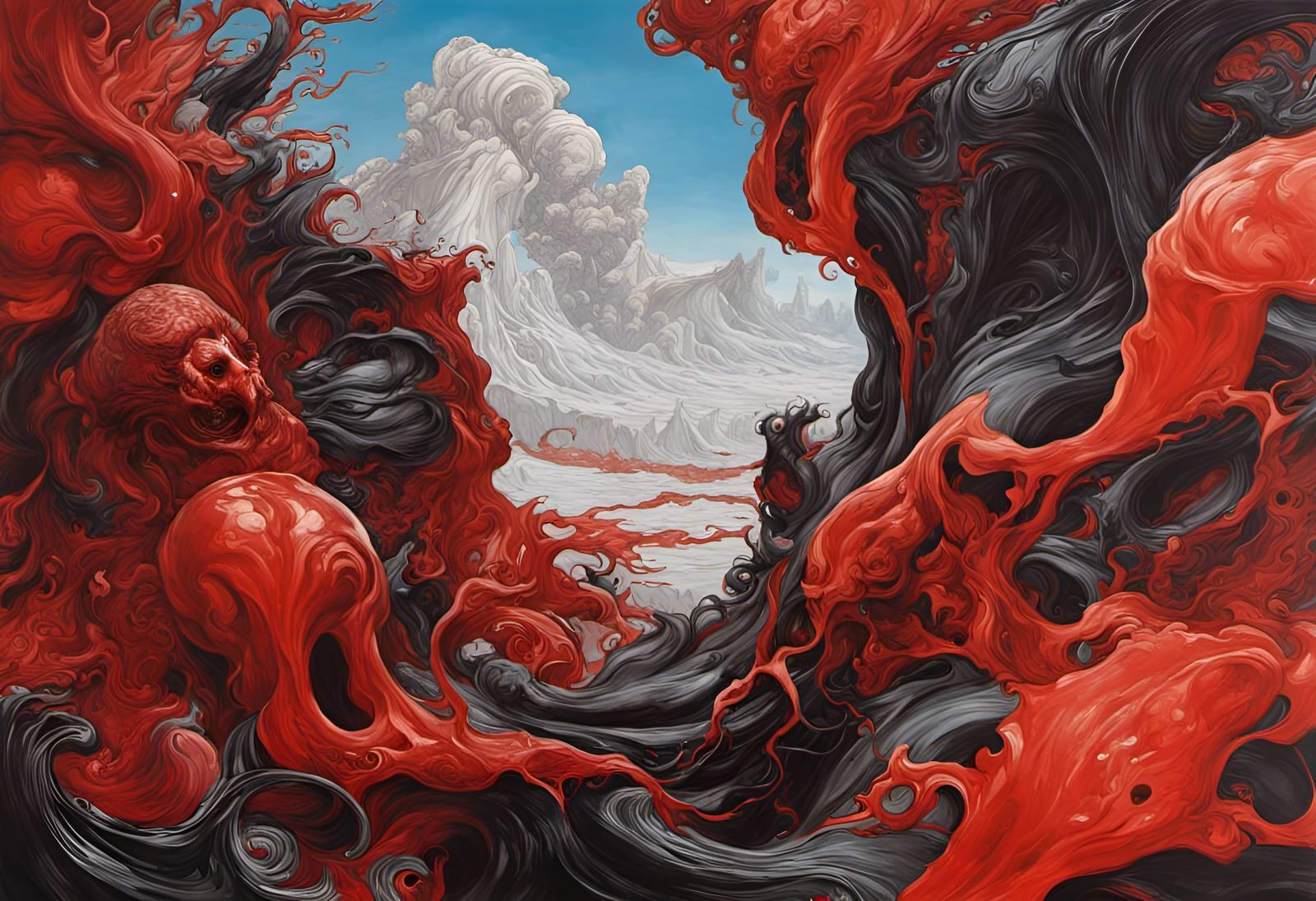 Pyroclastic Flow: Gouache Painting in Red and Black