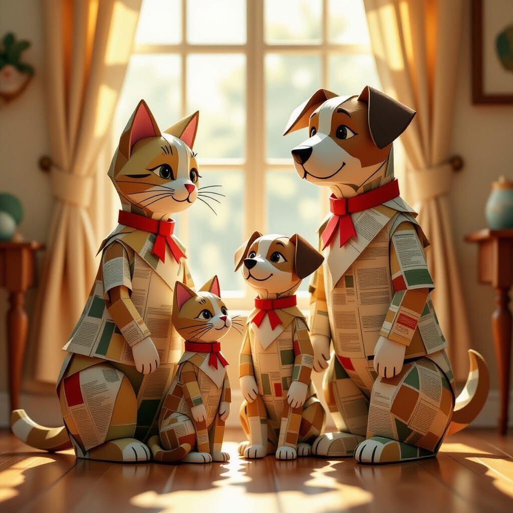 Newspaper Animals in Cozy Sunlit Room