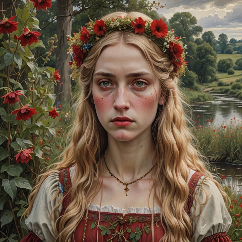 Renaissance Girl Weeping by River in Pre-Raphaelite Style