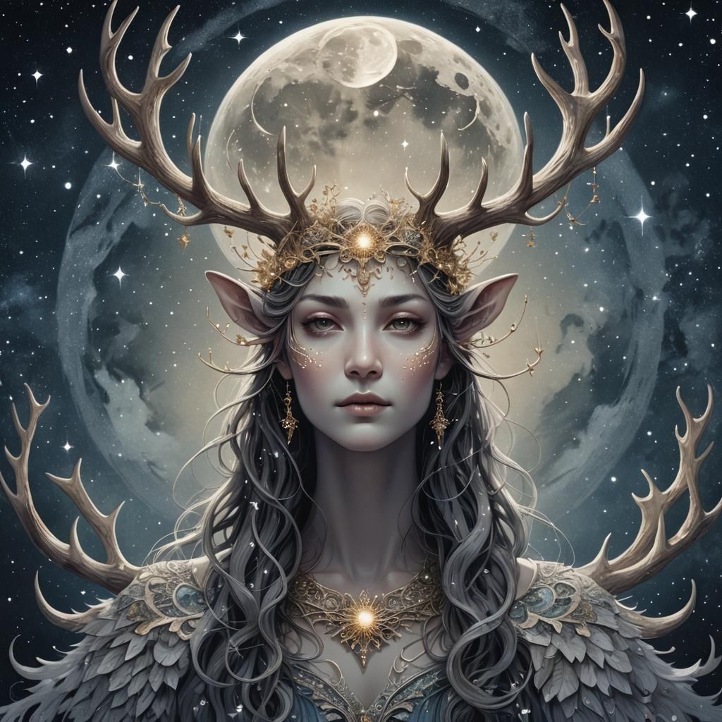 Celestial Crown: Mystical Figure with Moon Antlers