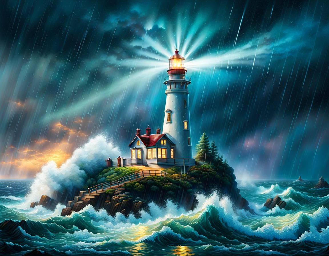 Lighthouse in Storm, Hyperrealistic Splash Art