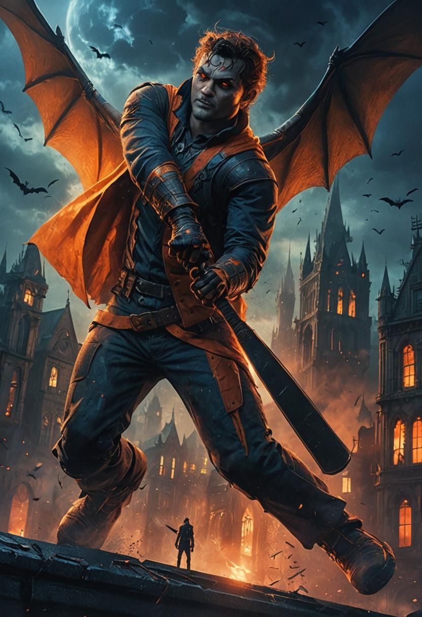 Dark Gothic Cityscape: Man with Bat in Comic Style