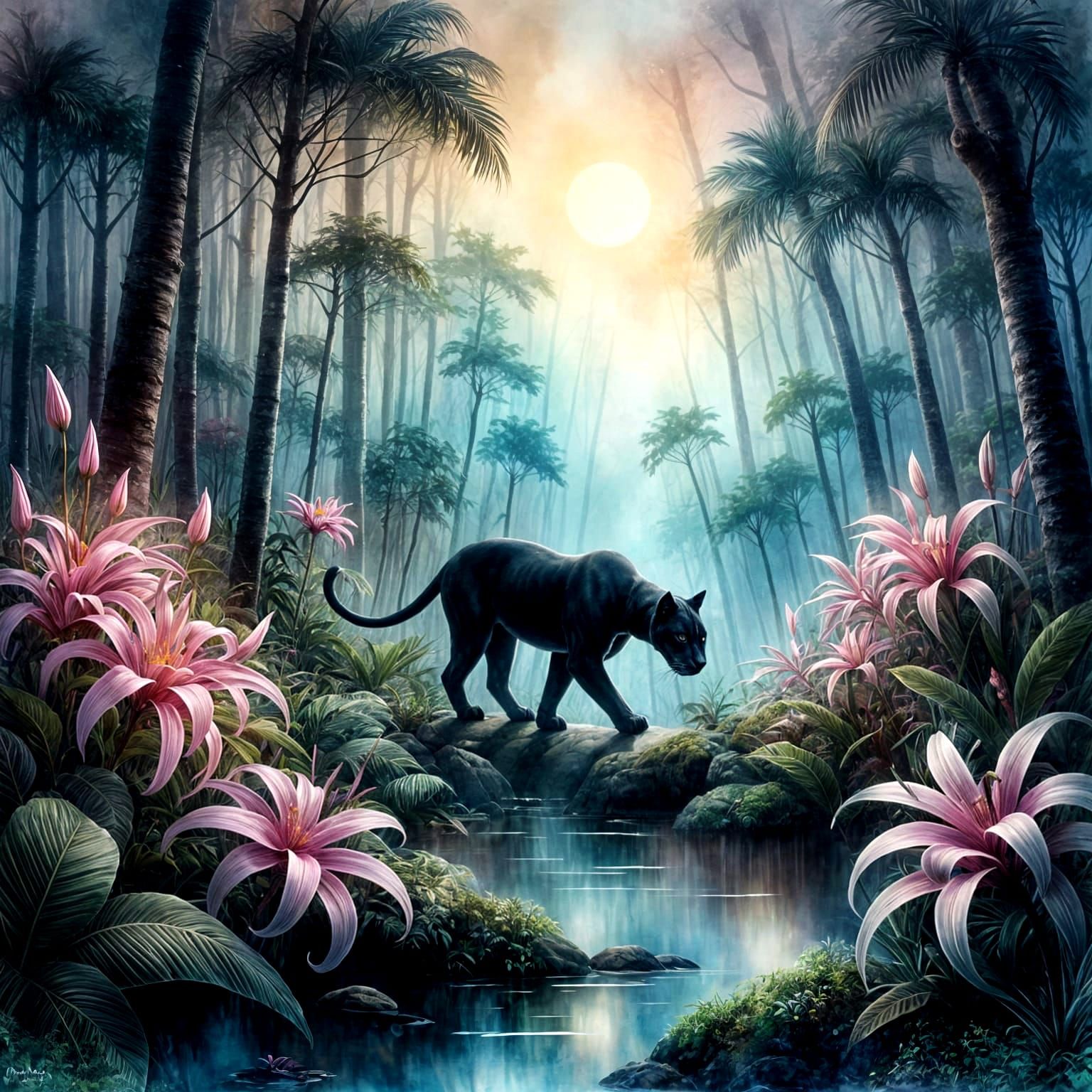 Obsidian Panther in Ethereal Watercolor Forest