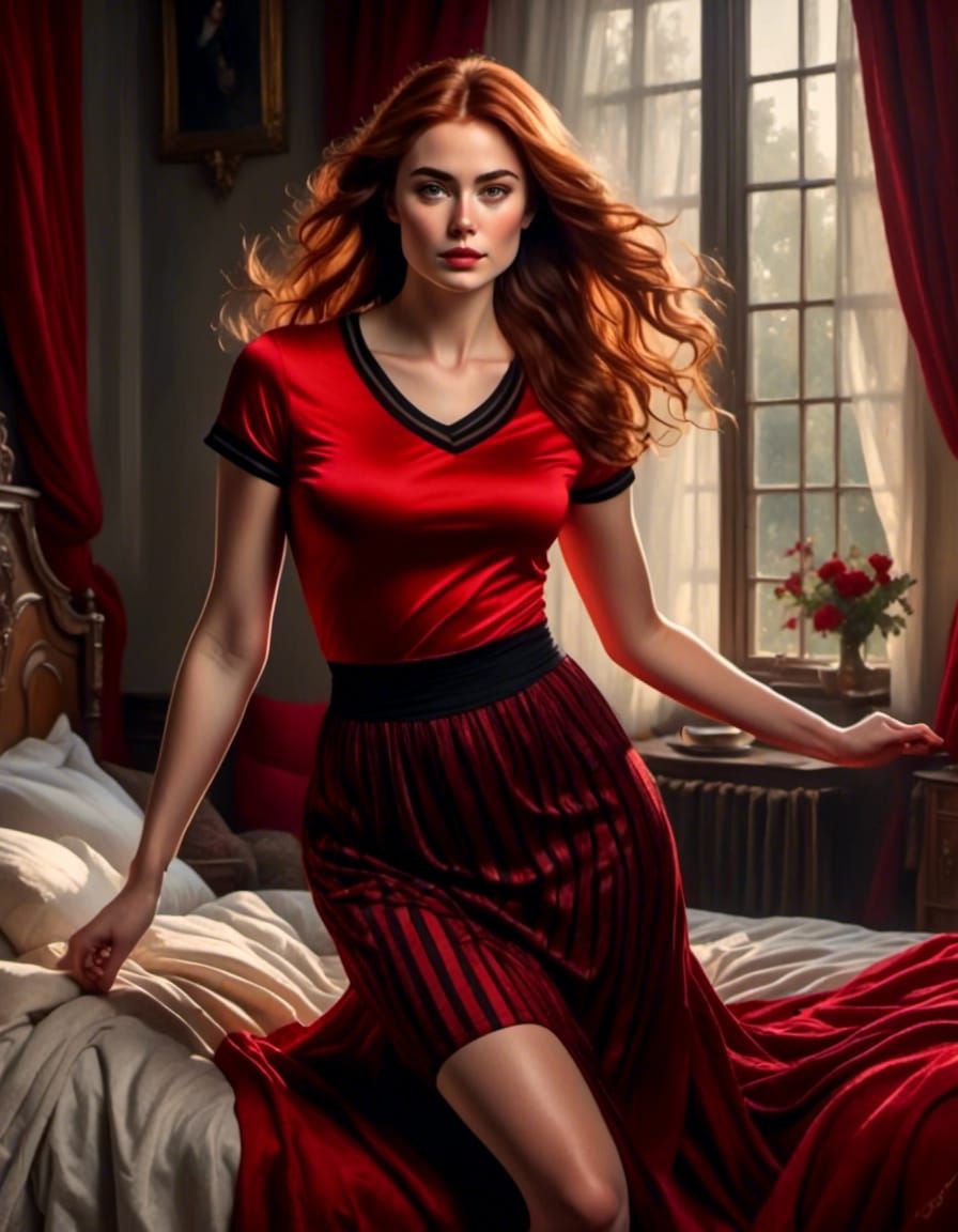 Auburn-Haired Woman Jumping on Bed